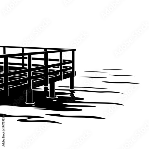 A black and white illustration of a wooden pier extending into water