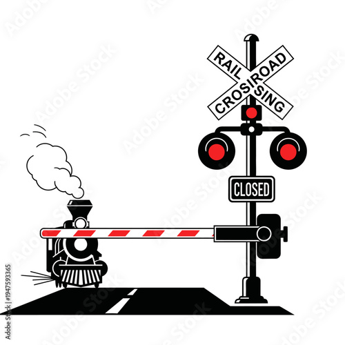 A vintage steam train approaching a railroad crossing with active signals