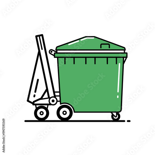 Green dumpster with wheels and a lifting mechanism shown in a flat design
