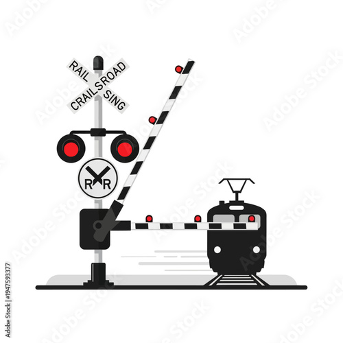 A railway crossing signal with an approaching black train illustrated
