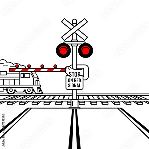A black and white illustration depicting a train approaching a railroad crossing