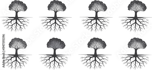 Stylized tree illustration grid, canopy root system design, growth stages concept, environmental nature art, educational biology ecology science image