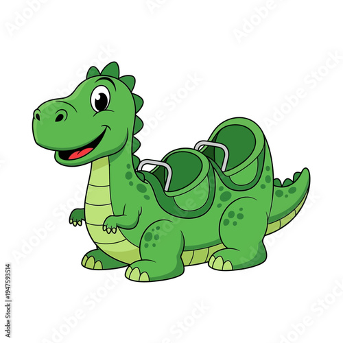 Cartoon green dinosaur transformed into a whimsical amusement park ride