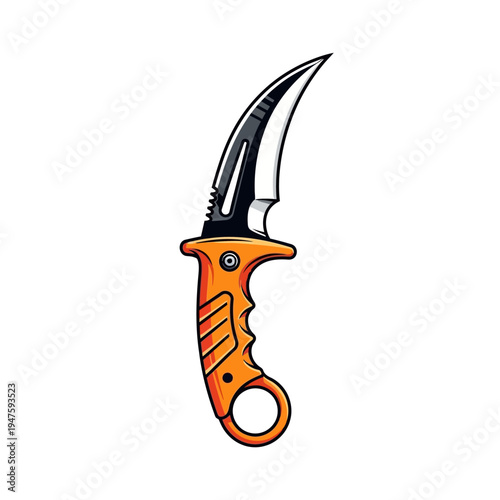 Stylized illustration of an orange and black karambit knife on white