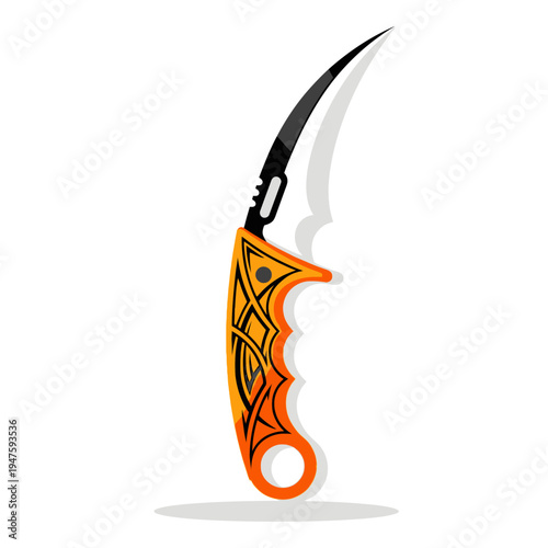 A vibrant orange karambit knife with a black blade is displayed