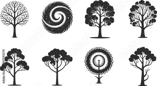 Stylized tree silhouette illustration, spiral galaxy vortex design, nature abstract art, environmental ecology concept, educational biology science graphic image