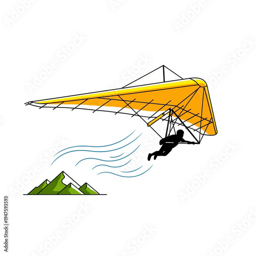 A silhouette of a hang glider soaring above a mountainous landscape