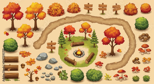Autumn forest game assets vector set with colorful fall trees, bushes, wooden logs, campfire, path, stones, mushrooms, and leaves for nature-themed digital design projects