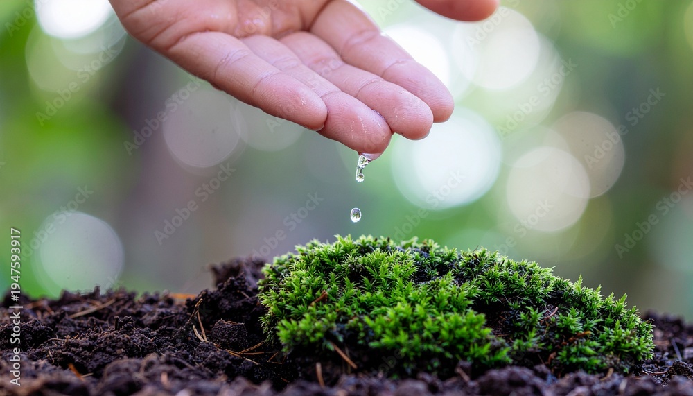 Fototapeta premium Hand gently dripping water drop onto fresh green moss in natural soil.