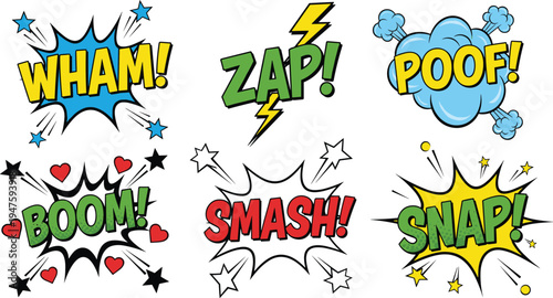 Comic speech bubble sound effects set, wham zap boom smash snap poof pop art vector illustration collection