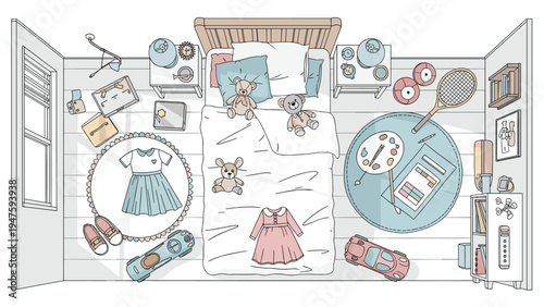Overhead view shows a messy childs bedroom filled with toys clothes and artistic supplies scattered on floor.