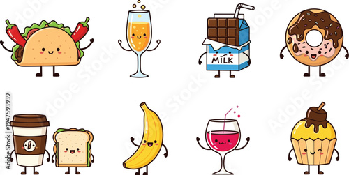 Cute cartoon food characters collection, taco donut coffee milk banana cupcake illustration, kawaii fast food mascot set