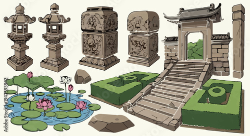 Set of 15 Asian garden elements vector illustration featuring stone lanterns, carved pillars, a traditional gate with stairs, green hedges, a lotus pond with pink flowers, and various rocks