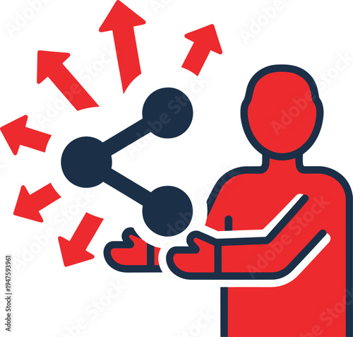 Social media share icon held by person with red viral marketing growth arrows pointing out