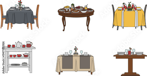 Dining table setup collection, restaurant table arrangement with food, plates and tableware illustration, hospitality dinner service concept design