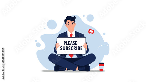 Homeless businessman sits on the floor with a coffee cup while holding a sign asking people to subscribe.