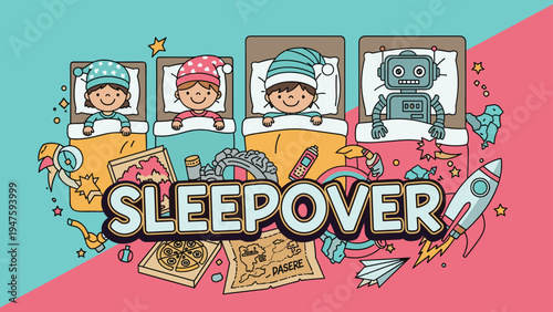 Group of three children and a friendly robot enjoy a cozy sleepover together in their colorful bedroom setup.