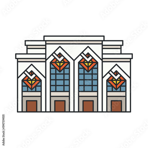 Historic theater building with stained glass windows isolated on white background. Cultural landmark architecture.