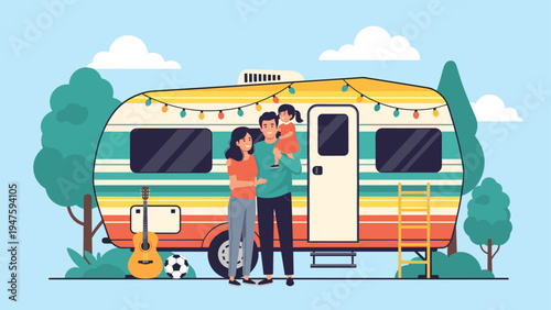 Happy family stands proudly in front of their decorated camping trailer ready for a fun outdoor road trip.