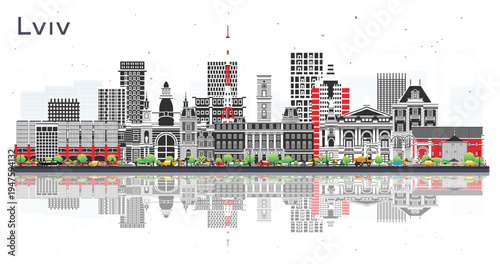 Lviv Ukraine City Skyline with Color Buildings and reflections isolated on white. Illustration. Lviv Cityscape with Landmarks. Concept with Historic Architecture.