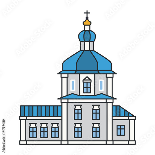 Historic orthodox church with blue dome and cross isolated on white background. Traditional religious architecture.
