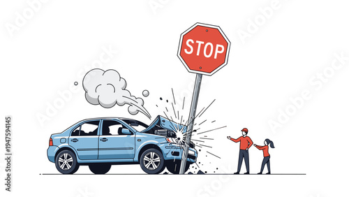 Blue sedan crashes into a red stop sign while a man and child watch the accident from the sidewalk in shock.