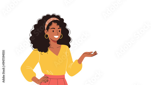 Cheerful woman with curly dark hair and a headband gestures with her hand as if presenting a new idea.