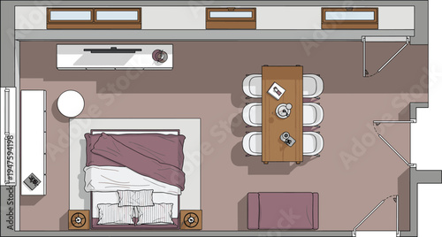 Top view modern studio apartment interior floor plan, bed dining table sofa layout, minimalist home design illustration concept