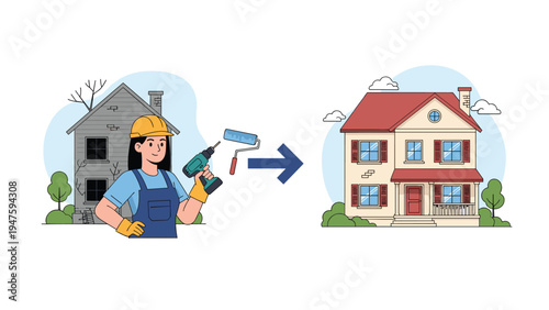 Illustration showing the before and after transformation of a dilapidated old house into a beautiful renovated home with a worker.