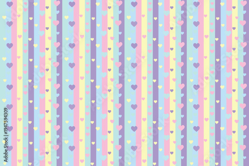 A colorful and vibrant pattern of pastel stripes and hearts on a soft background