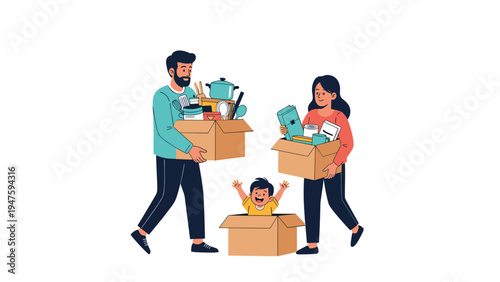 Happy family carrying cardboard boxes full of household items while moving into a new home together in a white background setting.