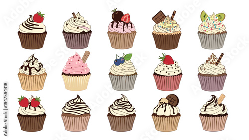 Delicious variety of fifteen decorated cupcakes with different frostings and toppings is displayed in a grid.