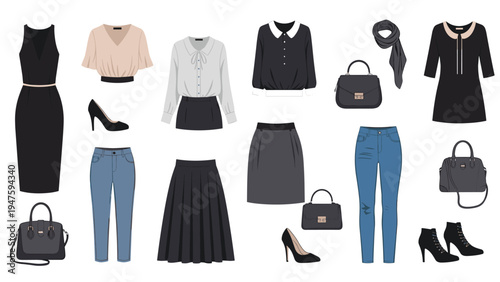 Comprehensive collection of stylish women's business and casual apparel items including dresses, tops, pants, and fashion accessories.