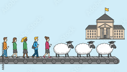 Graduated people and sheep with academic caps moving along a conveyor belt towards a school building representing standard education.