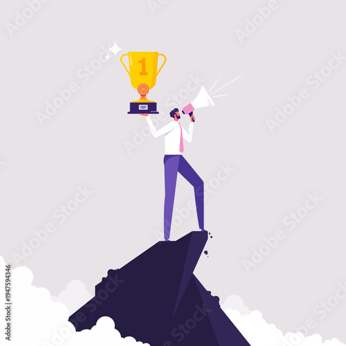 Telling story or inspire people and aspiration concept, success story to motivate, businessman climbs to the top of the mountain and telling success story with megaphone and winner trophy