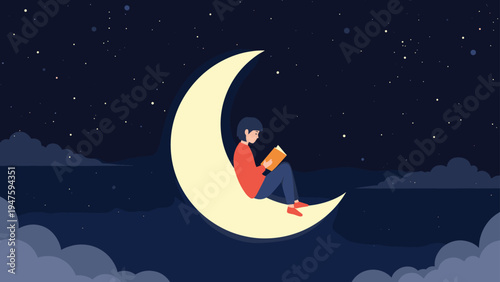 Young child sitting comfortably on a glowing crescent moon while reading a book under a beautiful starry night sky with clouds.