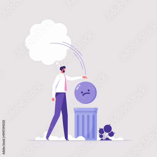 Take away suffering concept, emotional or mental problem, businessman throws negative thoughts out of his brain