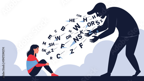 Dark silhouette figure shouting letters and symbols at a scared young woman sitting on the ground depicting verbal abuse and bullying.