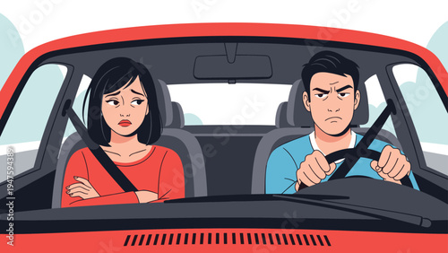Unhappy couple sitting inside a car with arms crossed and avoiding eye contact after a major argument during their road trip journey.