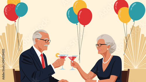 Happy senior couple celebrating with a toast using cocktails at a festive party decorated with colorful balloons and golden fans.