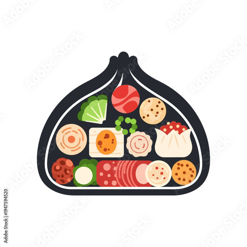 Colorful assortment of japanese dumplings and sushi served in a black tray