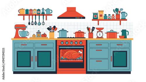Modern kitchen interior featuring a roast turkey in the oven with various cookware and utensils neatly organized on shelves.