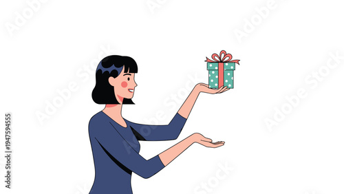 Smiling young woman holding out her hands to present a small wrapped gift box with a bow against a clean white background.