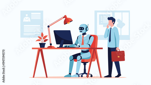 Robot employee working on a computer at a desk while a curious human businessman watches from the side in a modern office.