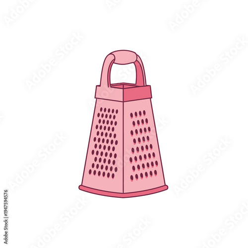 A simple pink box grater illustration with a handle and perforated surface