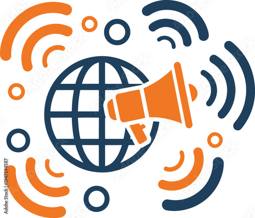 Global announcement broadcast symbol featuring globe and megaphone with wireless signals set