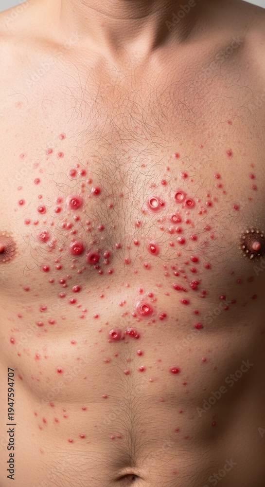 Fototapeta premium Severe Acne on a Mans Chest - A Close-Up View.