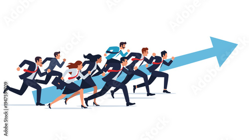 Diverse group of business professionals in suits run together up a large blue arrow pointing upwards, symbolizing corporate growth.