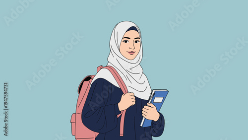 Smiling young woman wearing a hijab and carrying a backpack and notebooks, representing an empowered student in a modern setting.