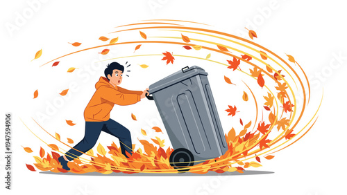 Young man in a hoodie struggles to push a large trash bin through a swirling gust of autumn leaves, capturing fall seasonal chores.